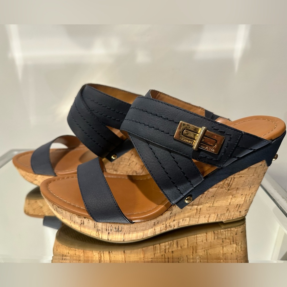 Tommy Hilfiger Navy and Tan Wedge Sandals